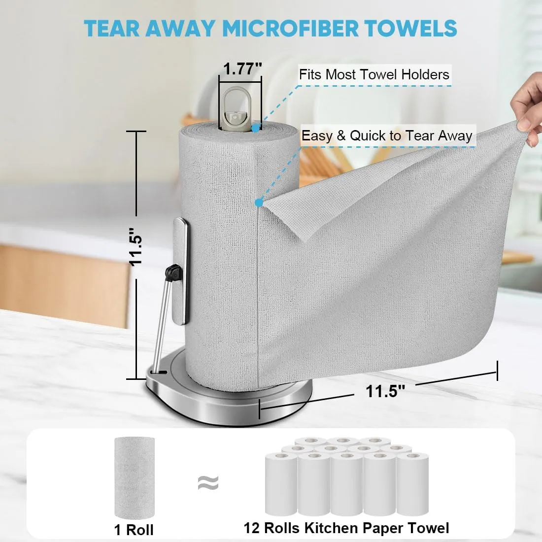 AIDEA Microfiber Cleaning Cloth Roll, 75PK, Reusable Paper Towels Grey Tear Away Cloth, Microfiber Towels for Cars, Washable Shop Rags, Lint Free Cleaning Rags for House, Kitchen, Window, 11.5"×11.5"