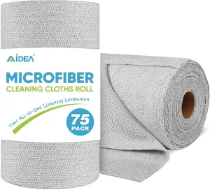 AIDEA Microfiber Cleaning Cloth Roll, 75PK, Reusable Paper Towels Grey Tear Away Cloth, Microfiber Towels for Cars, Washable Shop Rags, Lint Free Cleaning Rags for House, Kitchen, Window, 11.5"×11.5"