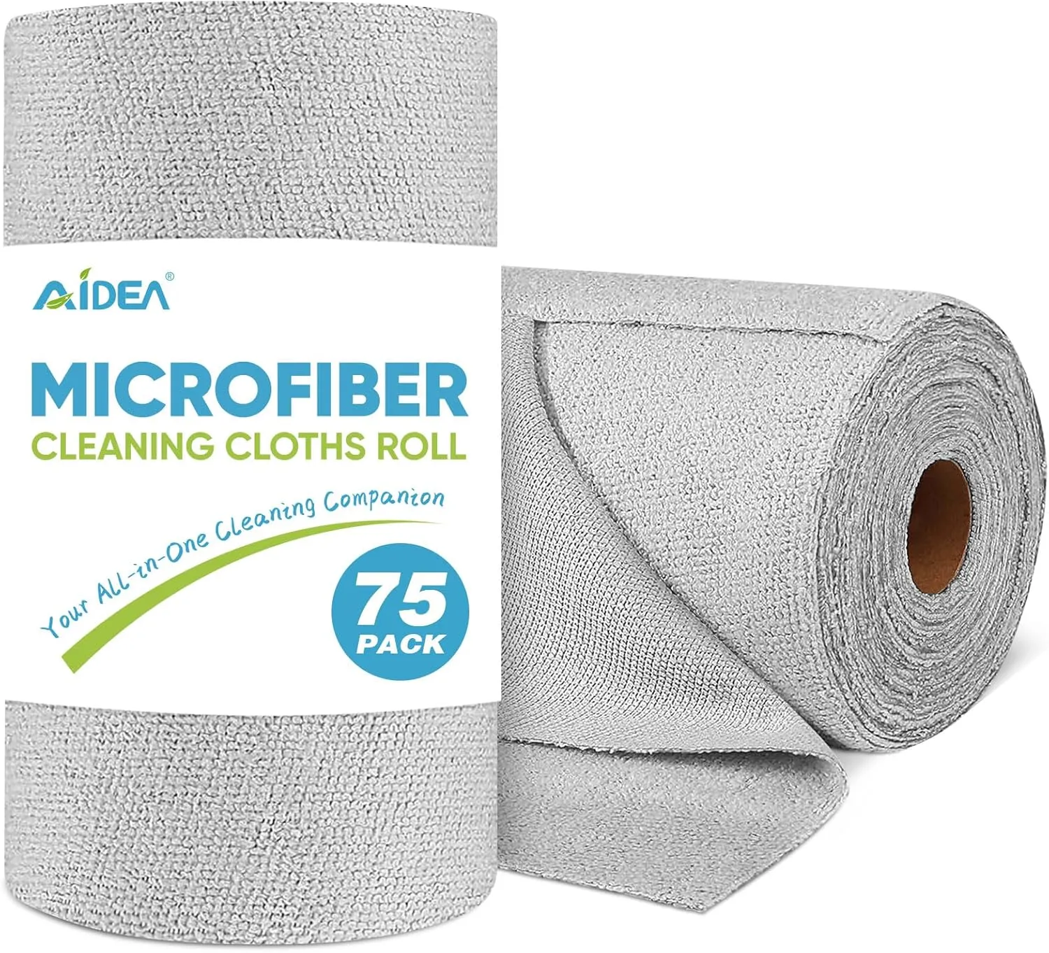 AIDEA Microfiber Cleaning Cloth Roll, 75PK, Reusable Paper Towels Grey Tear Away Cloth, Microfiber Towels for Cars, Washable Shop Rags, Lint Free Cleaning Rags for House, Kitchen, Window, 11.5"×11.5"