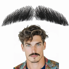 Ailsa Fake Beard Natural Realistic 100% Human Hair Fake Mustache Handmade Invisible Lace Fake Facial Hair for Costume/Drama/Parties//Cosplay/Halloween/Film Makeup (Black Fake Beard 2-1)