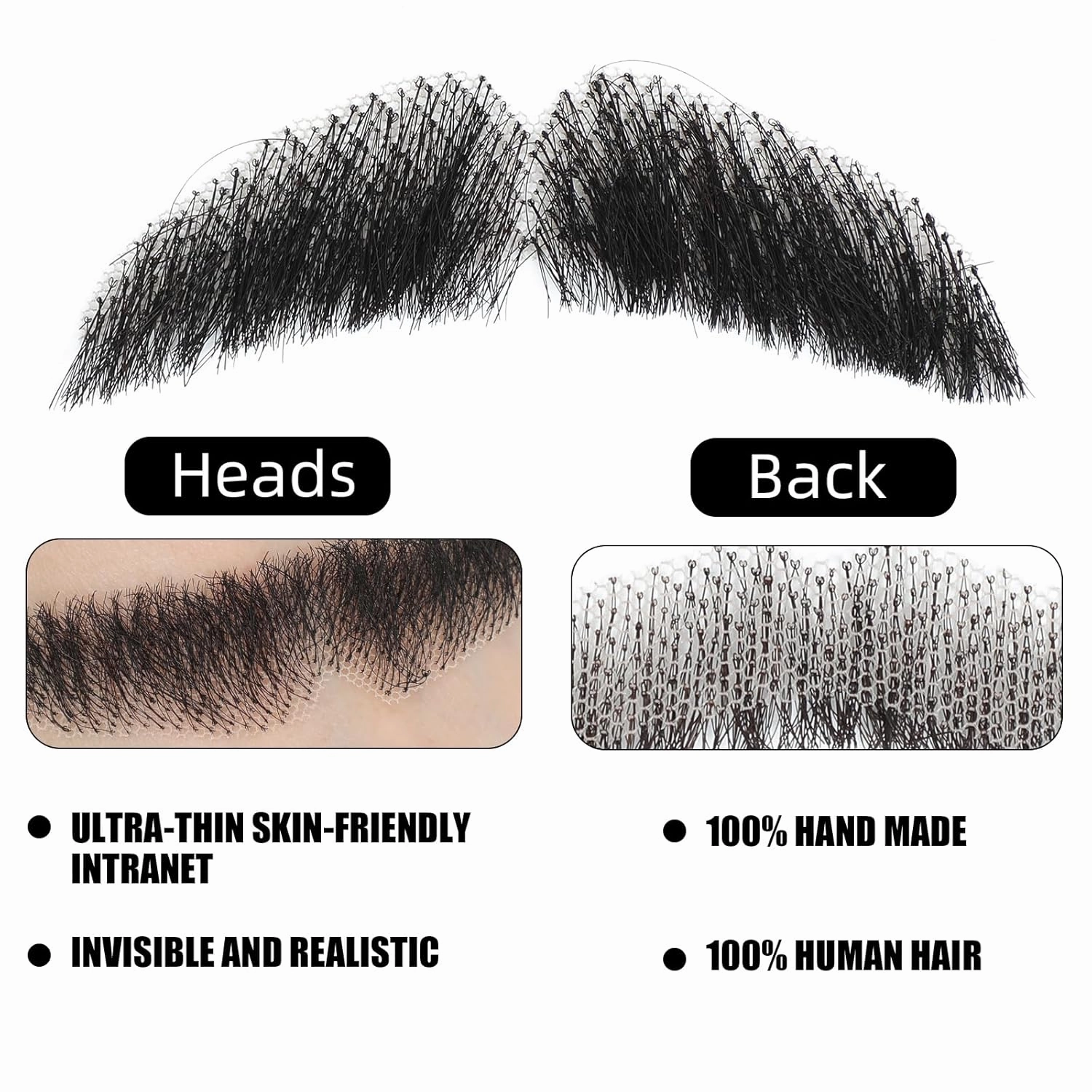 Ailsa Fake Beard Natural Realistic 100% Human Hair Fake Mustache Handmade Invisible Lace Fake Facial Hair for Costume/Drama/Parties//Cosplay/Halloween/Film Makeup (Black Fake Beard 2-1)