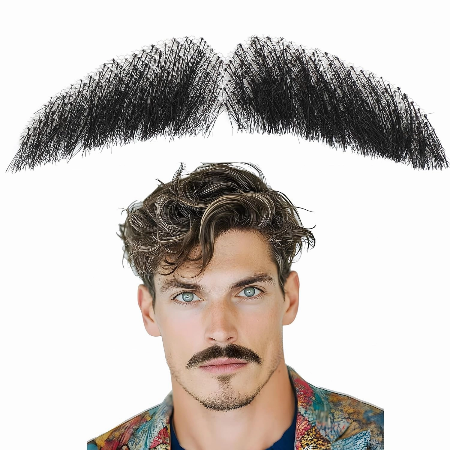 Ailsa Fake Beard Natural Realistic 100% Human Hair Fake Mustache Handmade Invisible Lace Fake Facial Hair for Costume/Drama/Parties//Cosplay/Halloween/Film Makeup (Black Fake Beard 2-1)