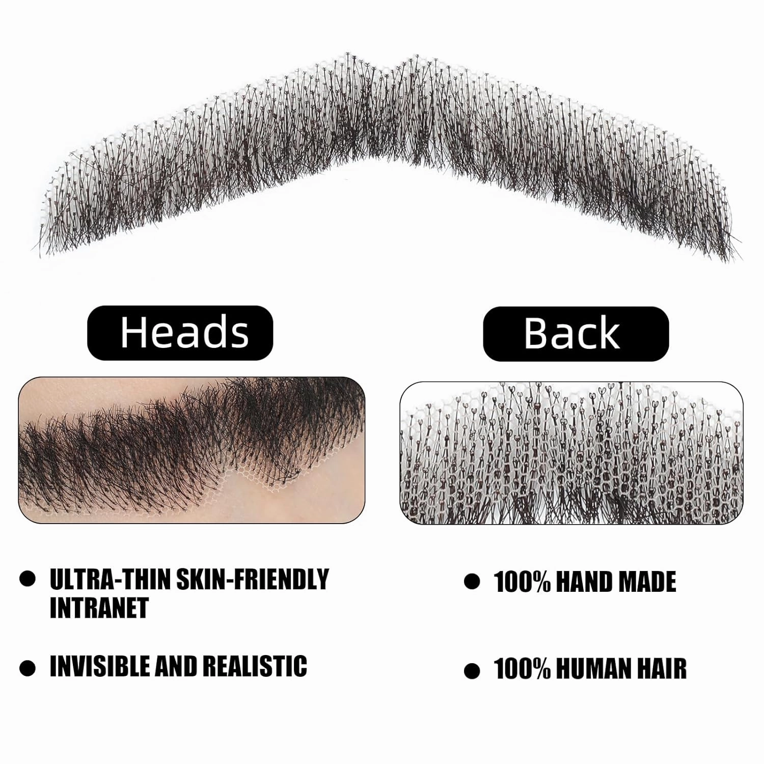 Ailsa Fake Beard Natural Realistic 100% Human Hair Fake Mustache Handmade Invisible Lace Fake Facial Hair for Entertainment/Cosplay/Halloween/Film Makeup (Black Fake Mustache 1-1)