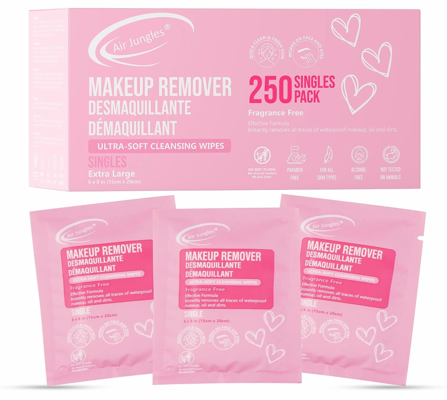 Air Jungles Makeup Remover Wipes 250 Count, Individually Wrapped, Extra Large 6x8 Facial Towelettes, Fragrance-Free, Alcohol-Free, Ultra Soft, Rinse-Free, Removes Makeup & Oil