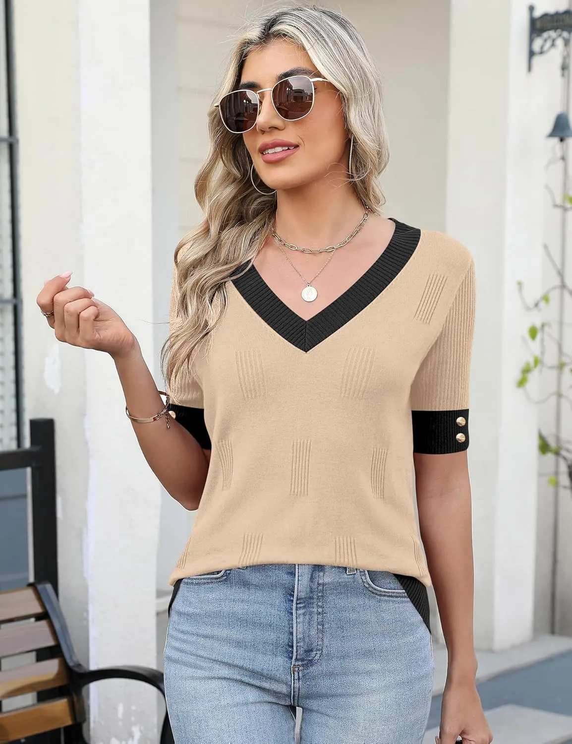 AKEWEI Womens V Neck Sweater Short Sleeve Lightweight Knit Spring Summer Tops with Decorative Buttons