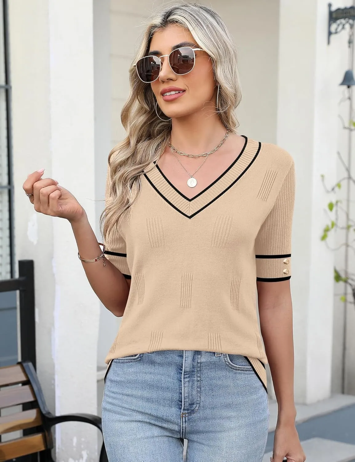 AKEWEI Womens V Neck Sweater Short Sleeve Lightweight Knit Spring Summer Tops with Decorative Buttons