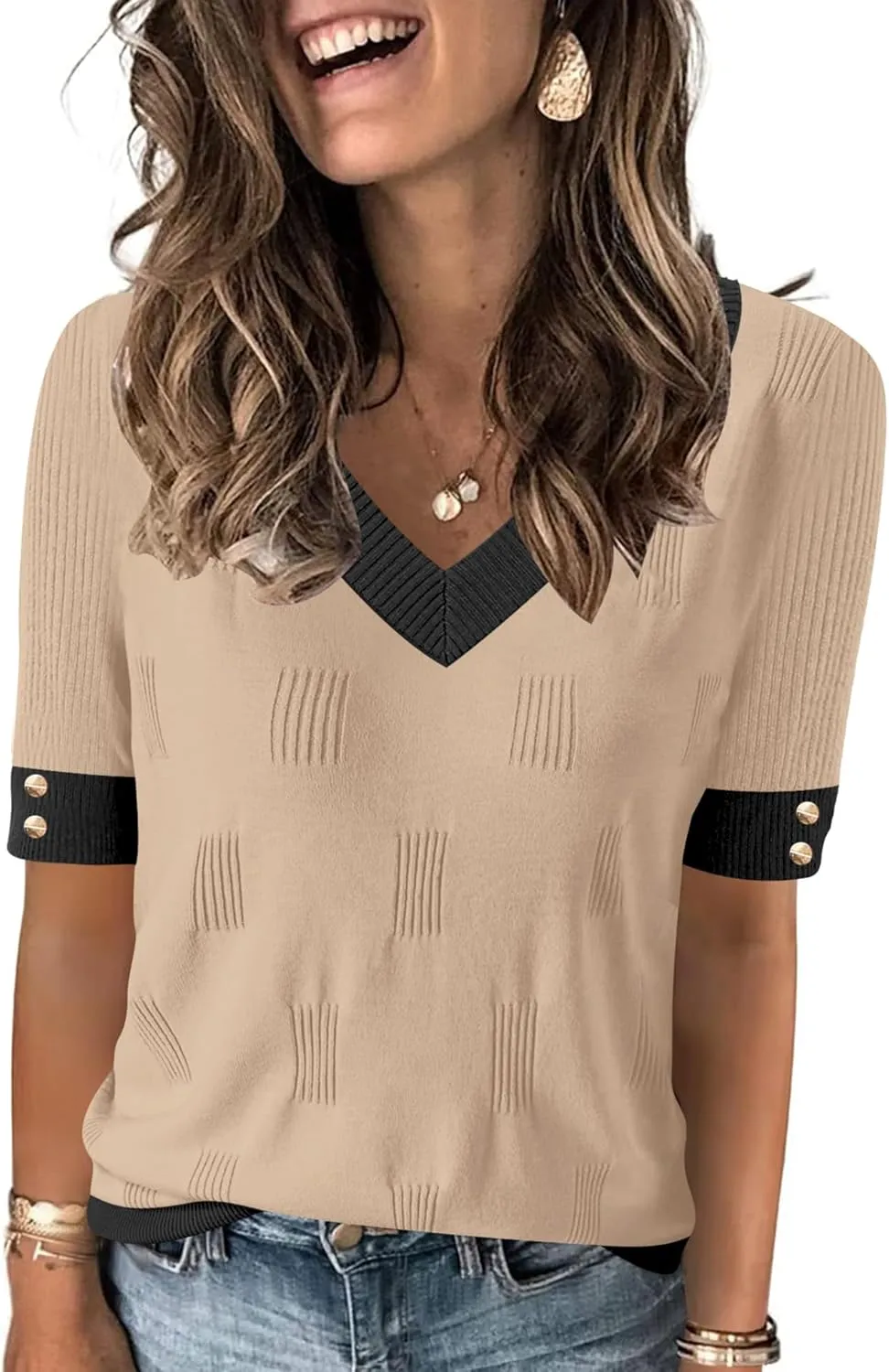 AKEWEI Womens V Neck Sweater Short Sleeve Lightweight Knit Spring Summer Tops with Decorative Buttons