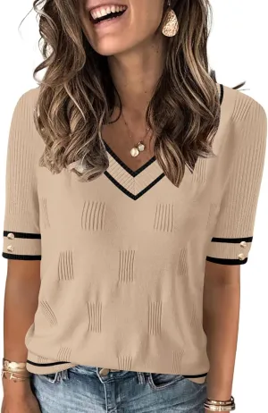 AKEWEI Womens V Neck Sweater Short Sleeve Lightweight Knit Spring Summer Tops with Decorative Buttons