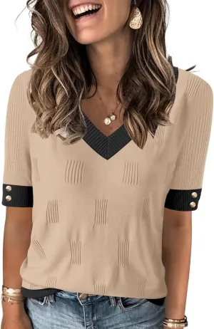 AKEWEI Womens V Neck Sweater Short Sleeve Lightweight Knit Spring Summer Tops with Decorative Buttons
