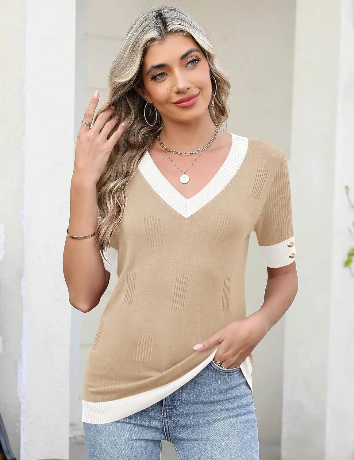 AKEWEI Womens V Neck Sweater Short Sleeve Lightweight Knit Spring Summer Tops with Decorative Buttons
