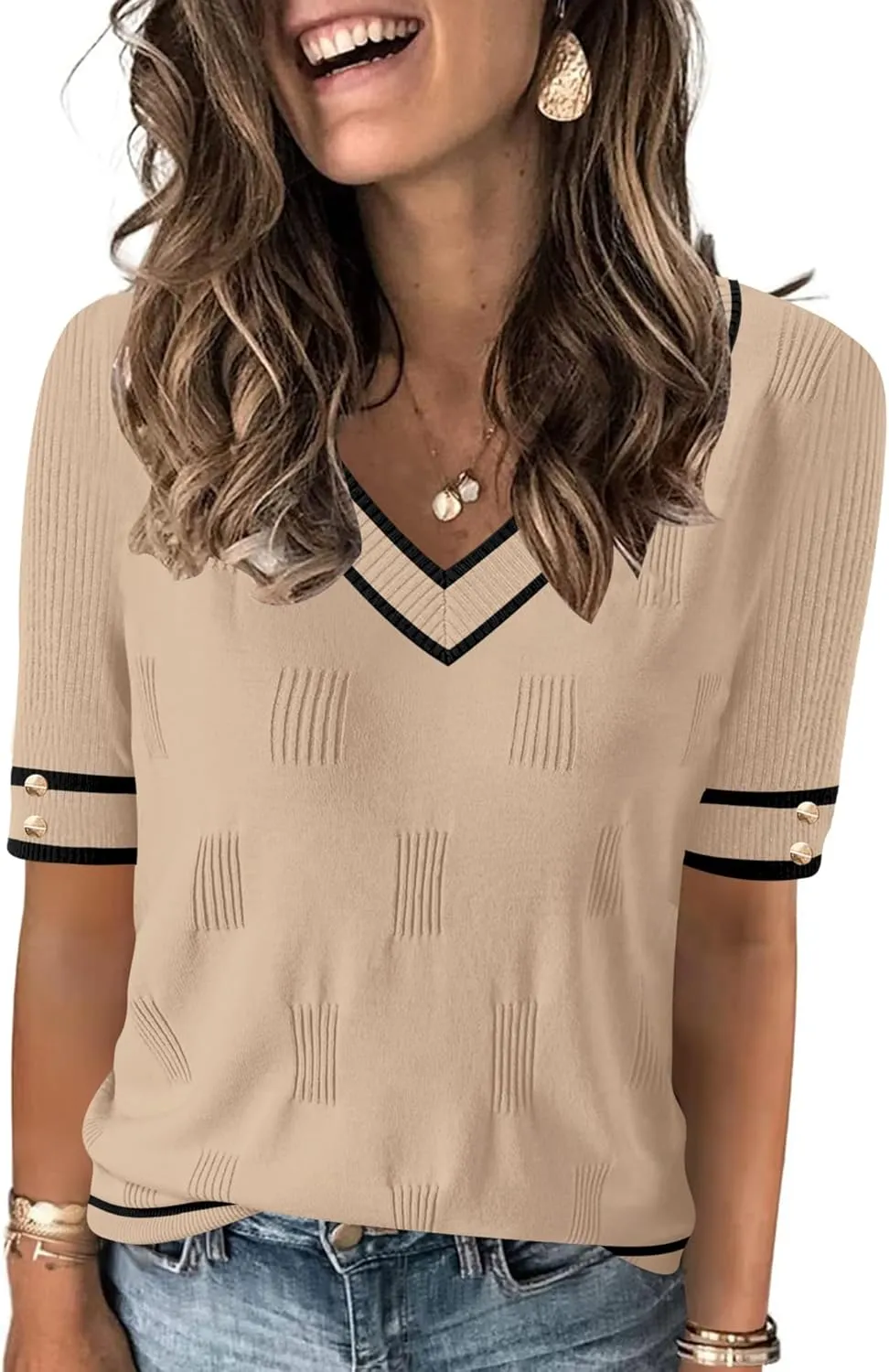 AKEWEI Womens V Neck Sweater Short Sleeve Lightweight Knit Spring Summer Tops with Decorative Buttons