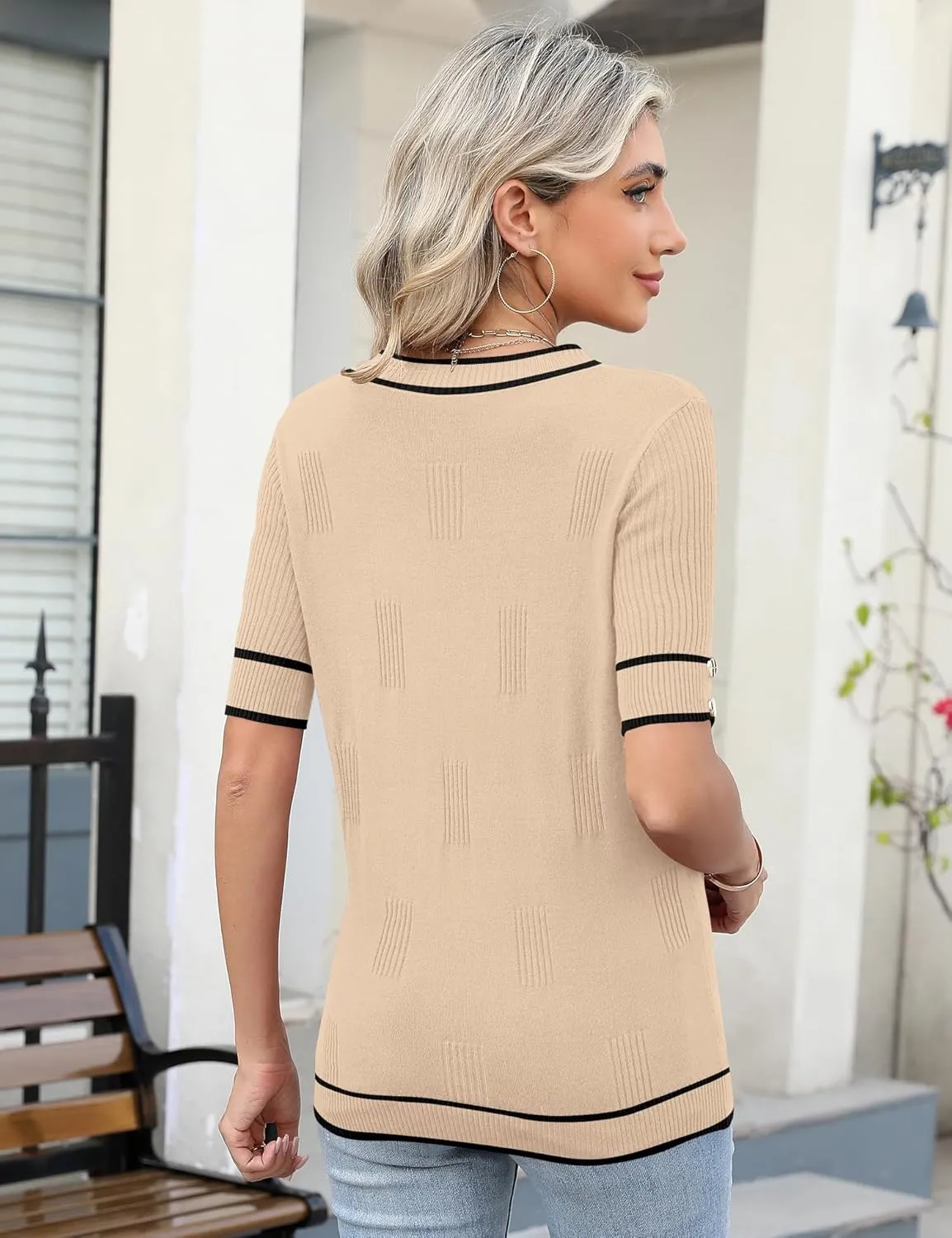 AKEWEI Womens V Neck Sweater Short Sleeve Lightweight Knit Spring Summer Tops with Decorative Buttons