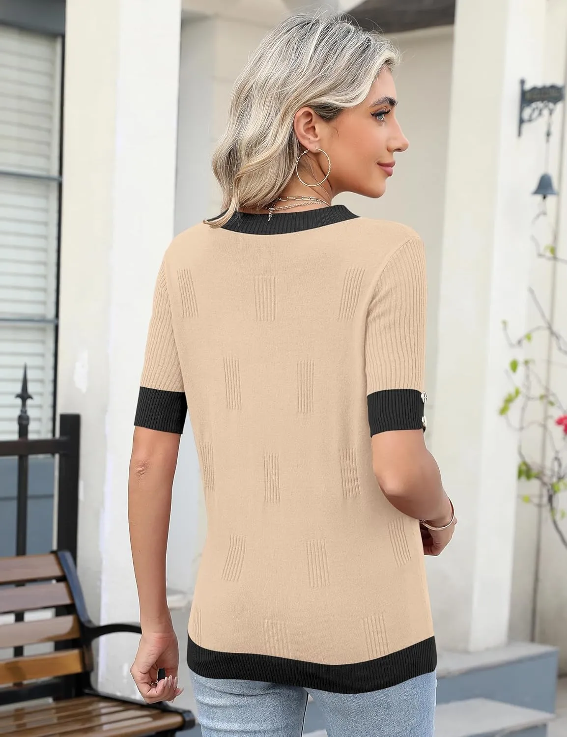 AKEWEI Womens V Neck Sweater Short Sleeve Lightweight Knit Spring Summer Tops with Decorative Buttons