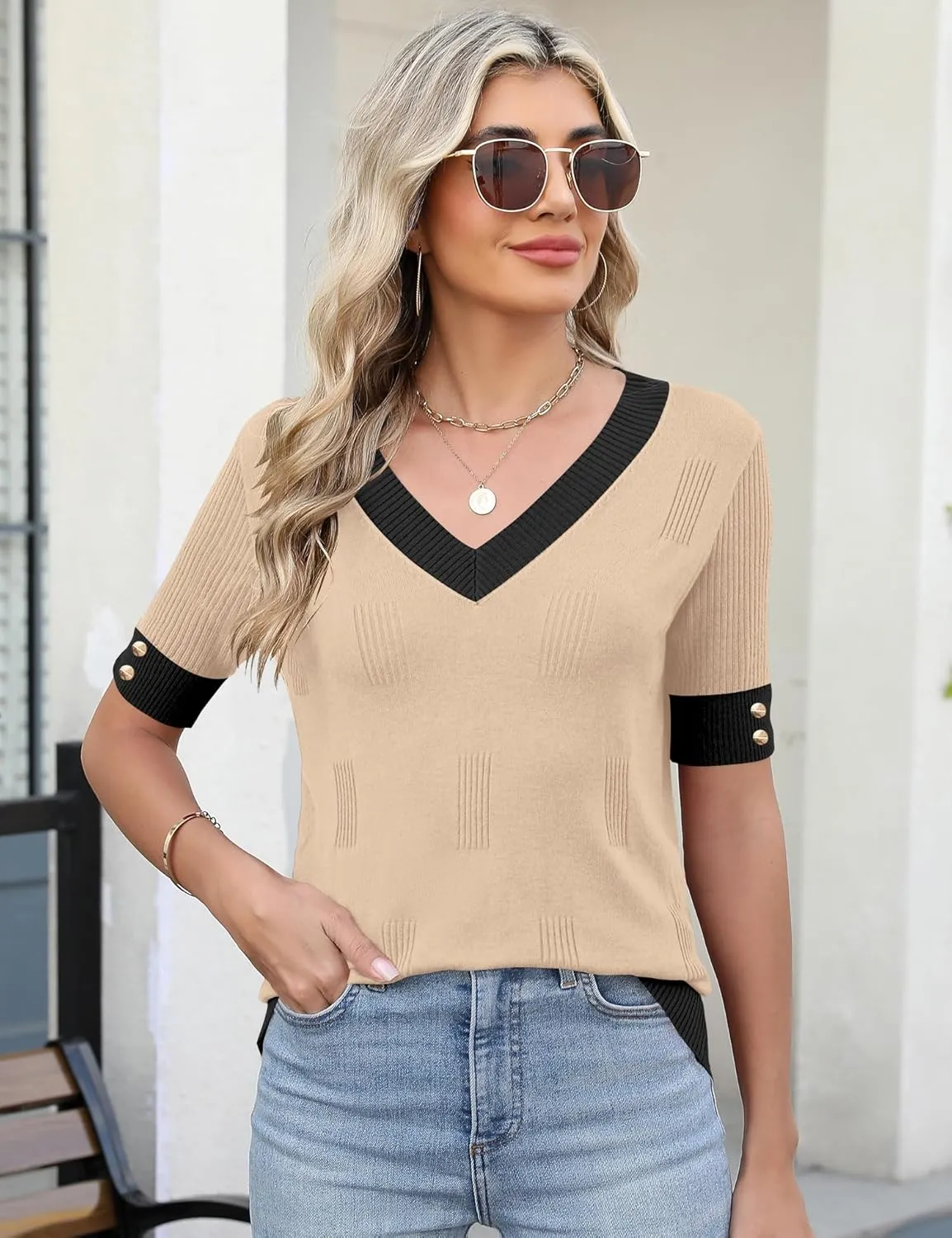 AKEWEI Womens V Neck Sweater Short Sleeve Lightweight Knit Spring Summer Tops with Decorative Buttons