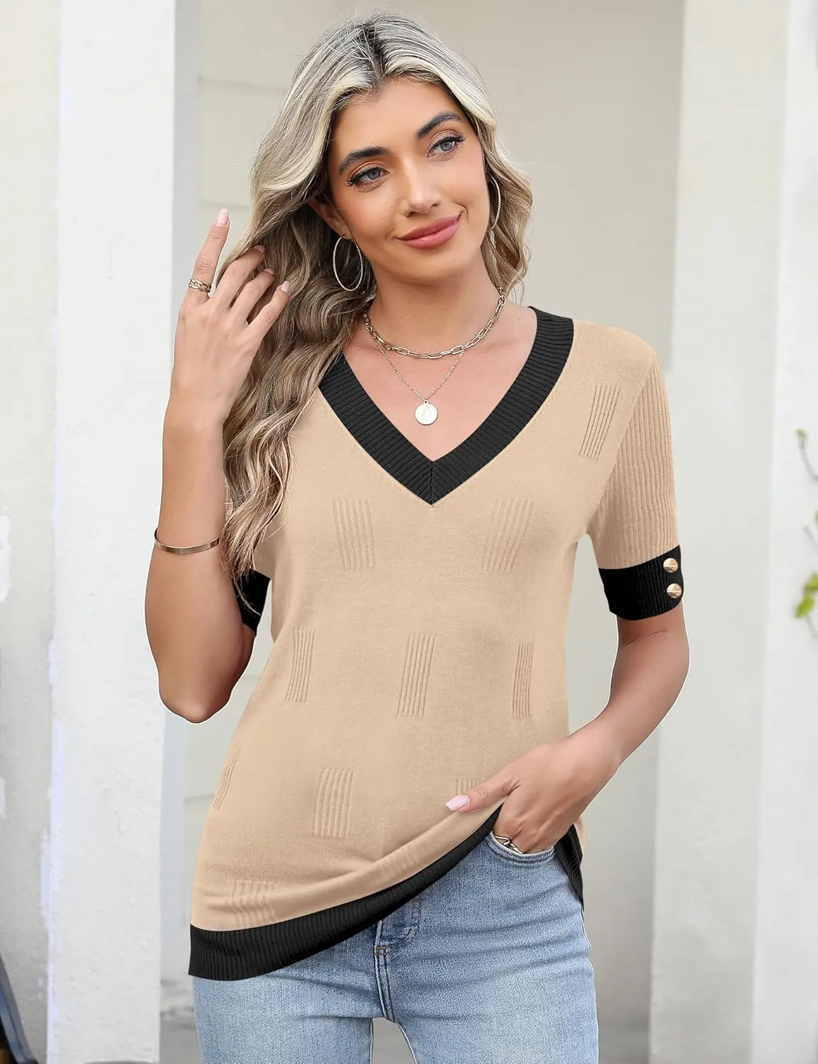 AKEWEI Womens V Neck Sweater Short Sleeve Lightweight Knit Spring Summer Tops with Decorative Buttons