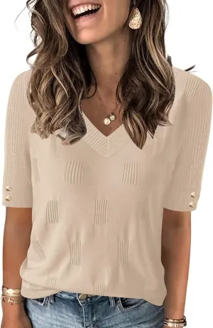 AKEWEI Womens V Neck Sweater Short Sleeve Lightweight Knit Spring Summer Tops with Decorative Buttons