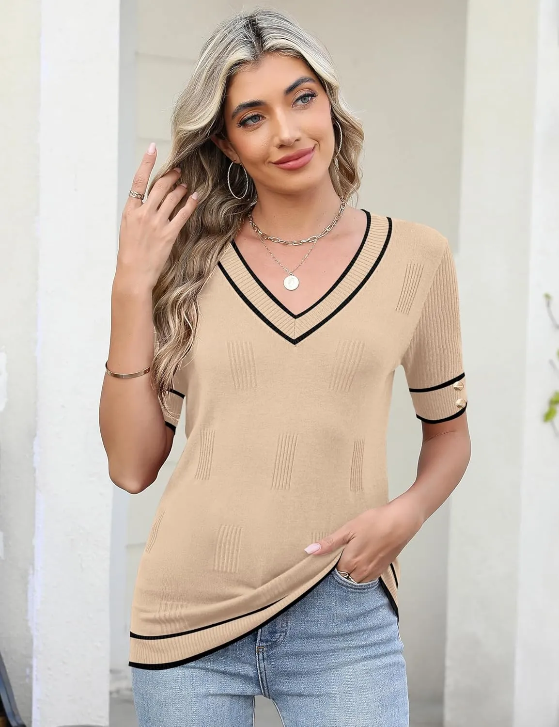 AKEWEI Womens V Neck Sweater Short Sleeve Lightweight Knit Spring Summer Tops with Decorative Buttons