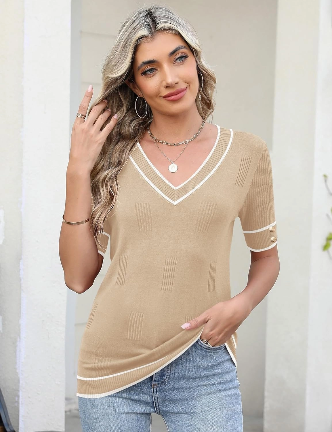 AKEWEI Womens V Neck Sweater Short Sleeve Lightweight Knit Spring Summer Tops with Decorative Buttons