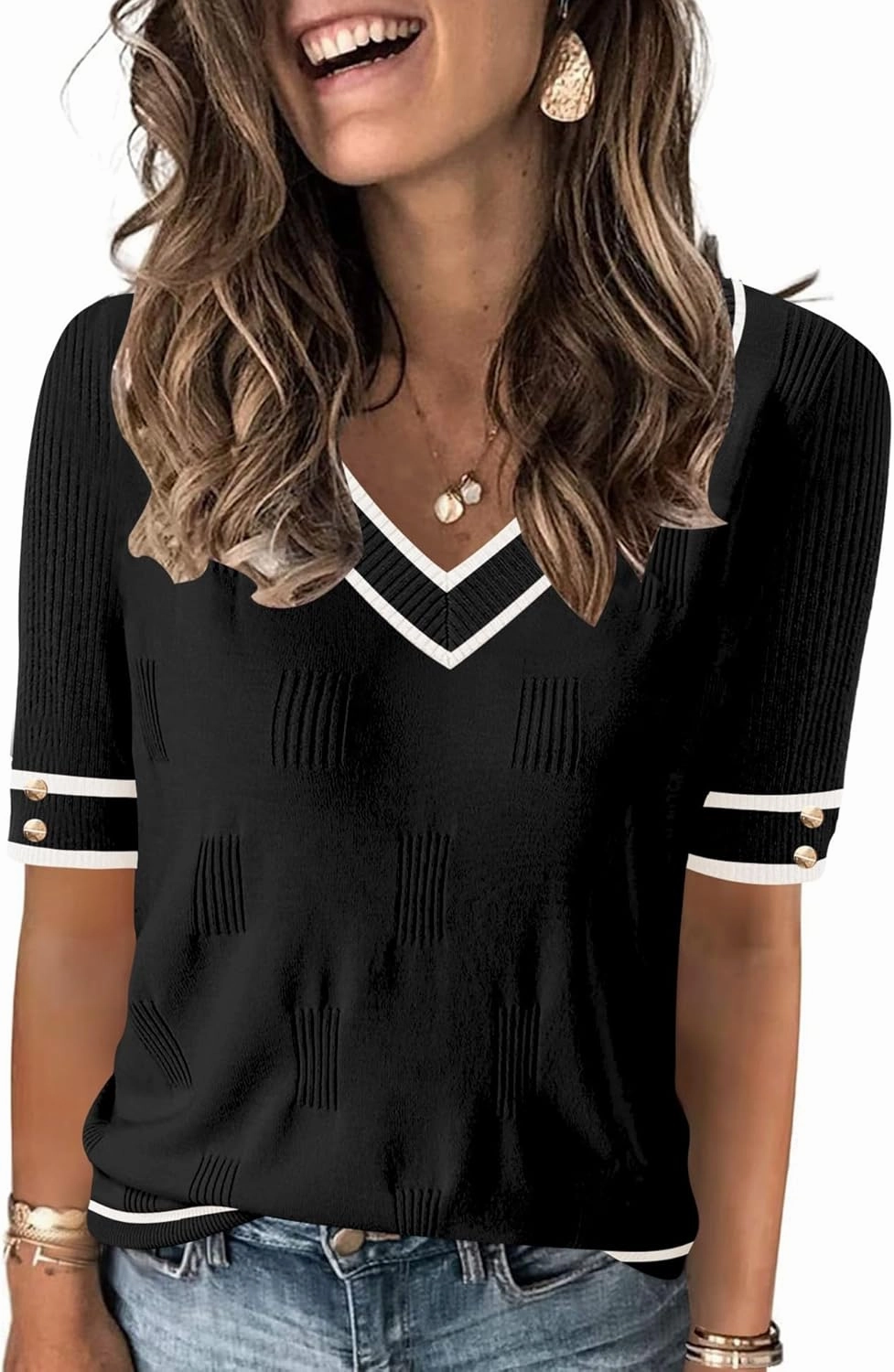 AKEWEI Womens V Neck Sweater Short Sleeve Lightweight Knit Spring Summer Tops with Decorative Buttons