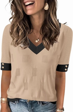AKEWEI Womens V Neck Sweater Short Sleeve Lightweight Knit Spring Summer Tops with Decorative Buttons