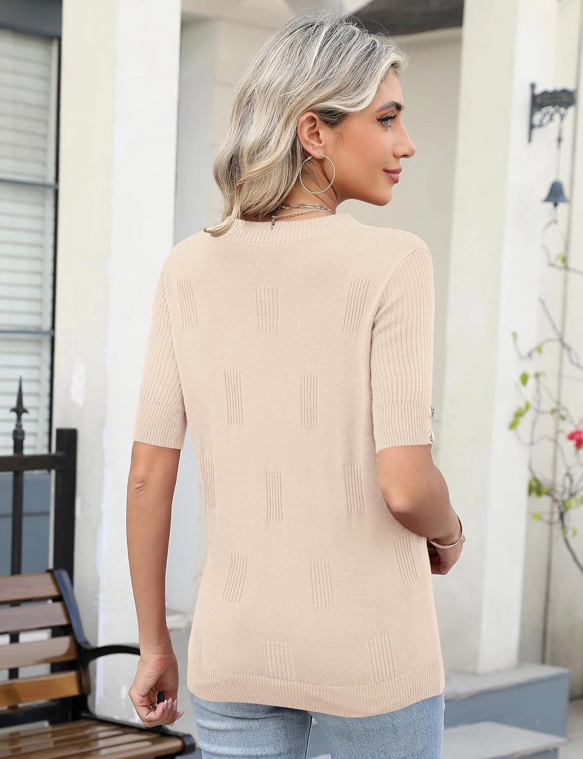 AKEWEI Womens V Neck Sweater Short Sleeve Lightweight Knit Spring Summer Tops with Decorative Buttons