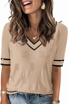 AKEWEI Womens V Neck Sweater Short Sleeve Lightweight Knit Spring Summer Tops with Decorative Buttons