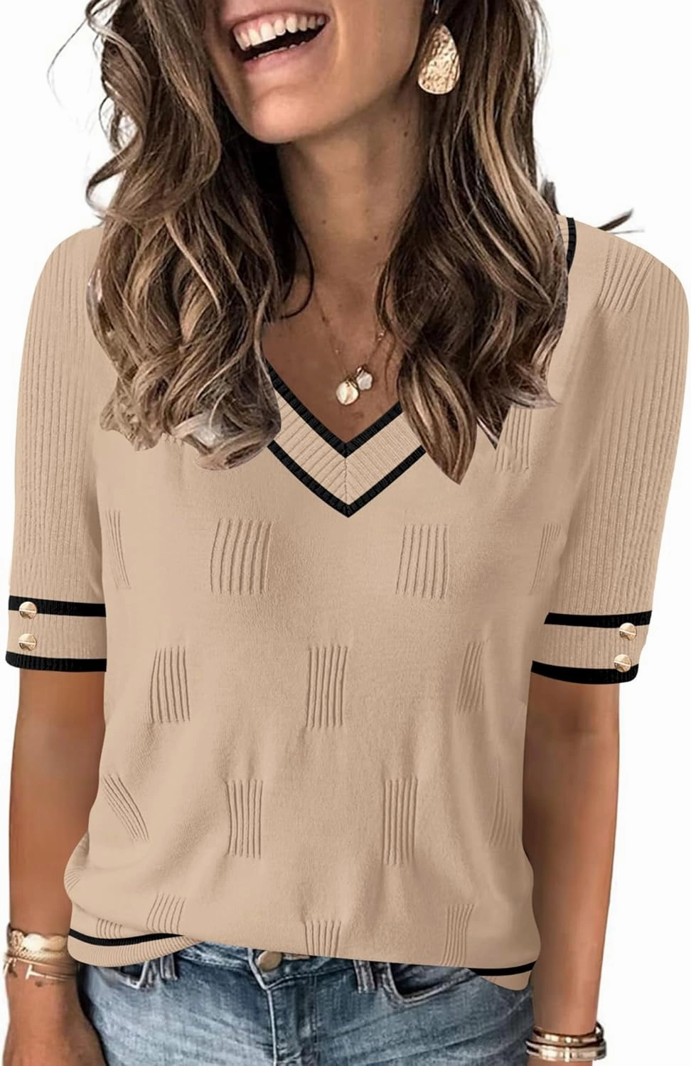 AKEWEI Womens V Neck Sweater Short Sleeve Lightweight Knit Spring Summer Tops with Decorative Buttons