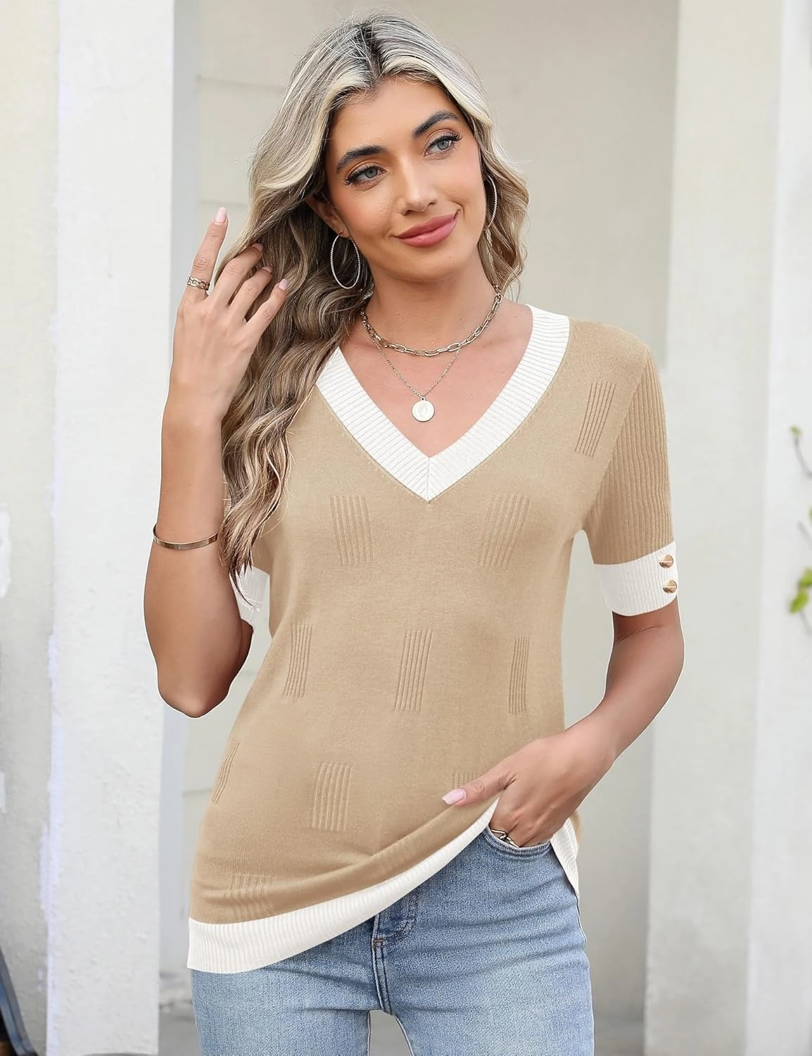 AKEWEI Womens V Neck Sweater Short Sleeve Lightweight Knit Spring Summer Tops with Decorative Buttons