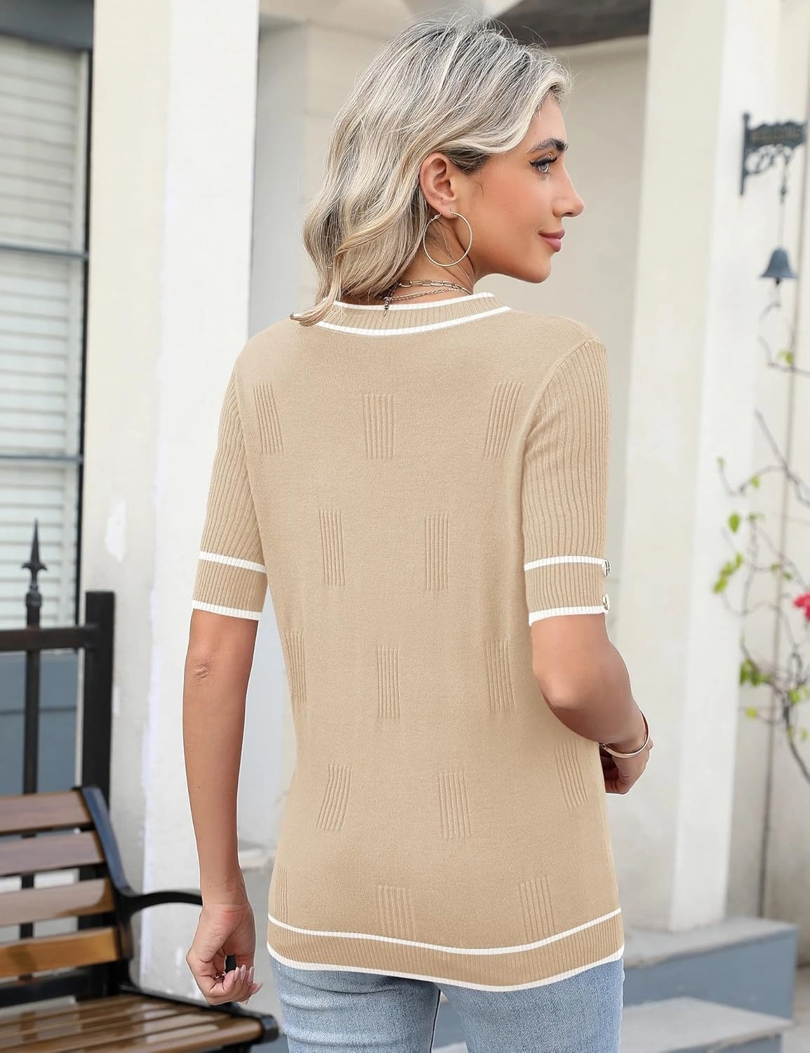 AKEWEI Womens V Neck Sweater Short Sleeve Lightweight Knit Spring Summer Tops with Decorative Buttons