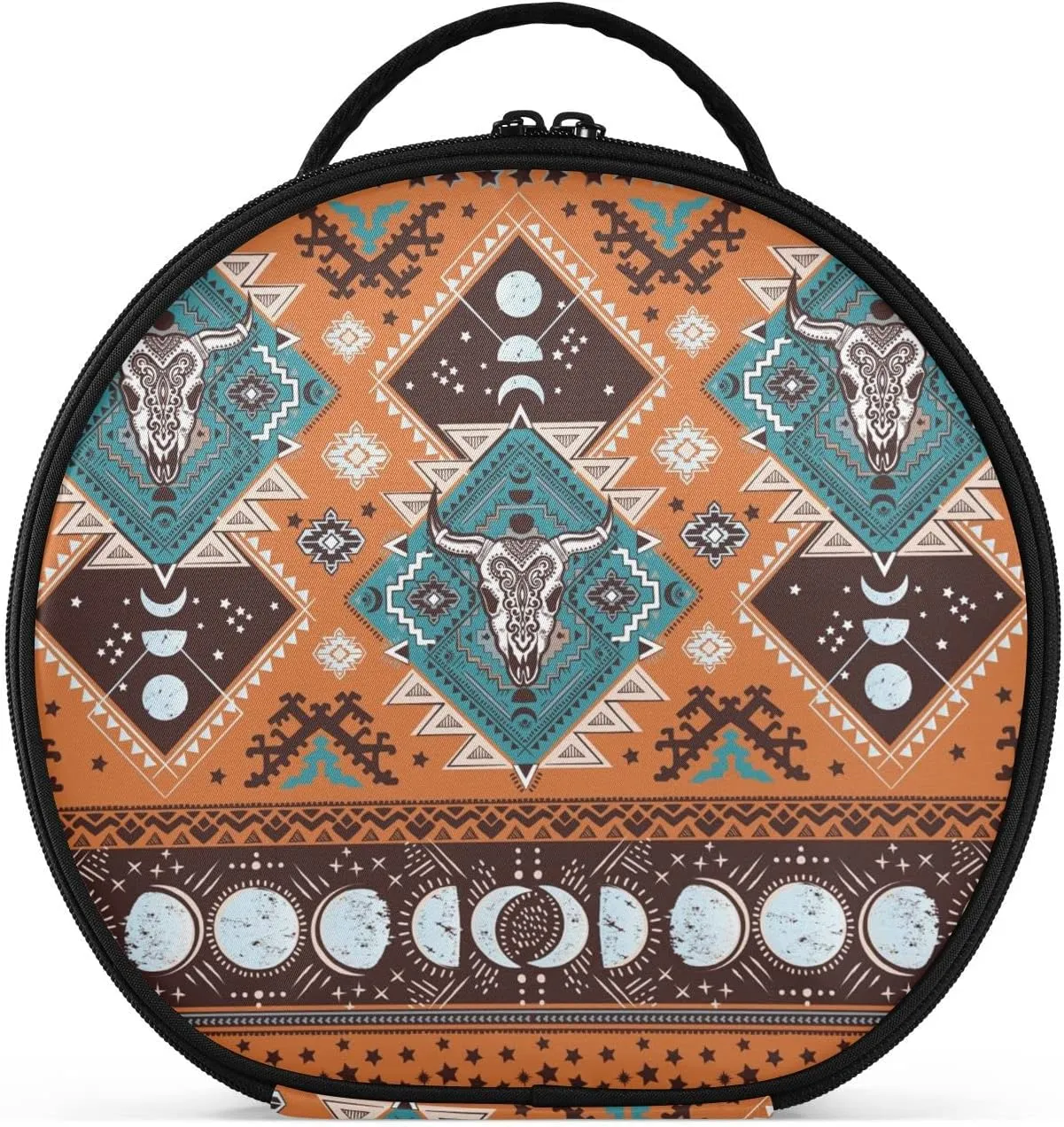 ALAZA Indian Tribal Aztec Geometric Skulls Cosmetic Bag Round Travel Makeup Case Organizer Portable Storage Toiletry Bag with Adjustable Dividers for Women Business Trip College Dorm