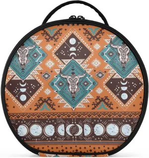 ALAZA Indian Tribal Aztec Geometric Skulls Cosmetic Bag Round Travel Makeup Case Organizer Portable Storage Toiletry Bag with Adjustable Dividers for Women Business Trip College Dorm