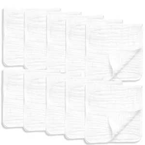 AllSett Health 10 Pack Muslin Burp Cloths Large 20" by 10" 100% Cotton, Hand Wash Cloth 6 Layers Extra Absorbent and Soft White
