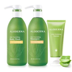 Aloderma Aloe Shower Set - Nourishing Body Wash, Nourishing Shampoo, Hydrating Facial Cleanser