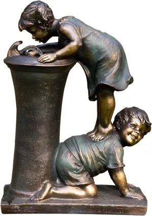 Alpine Corporation GXT472 27" Outdoor Floor Joyful Boy and Girl Drinking Water Fountain, Playful Garden Waterfall with LED Lights – Decorative Water Feature for Patios, Yards, and Gardens, Bronze