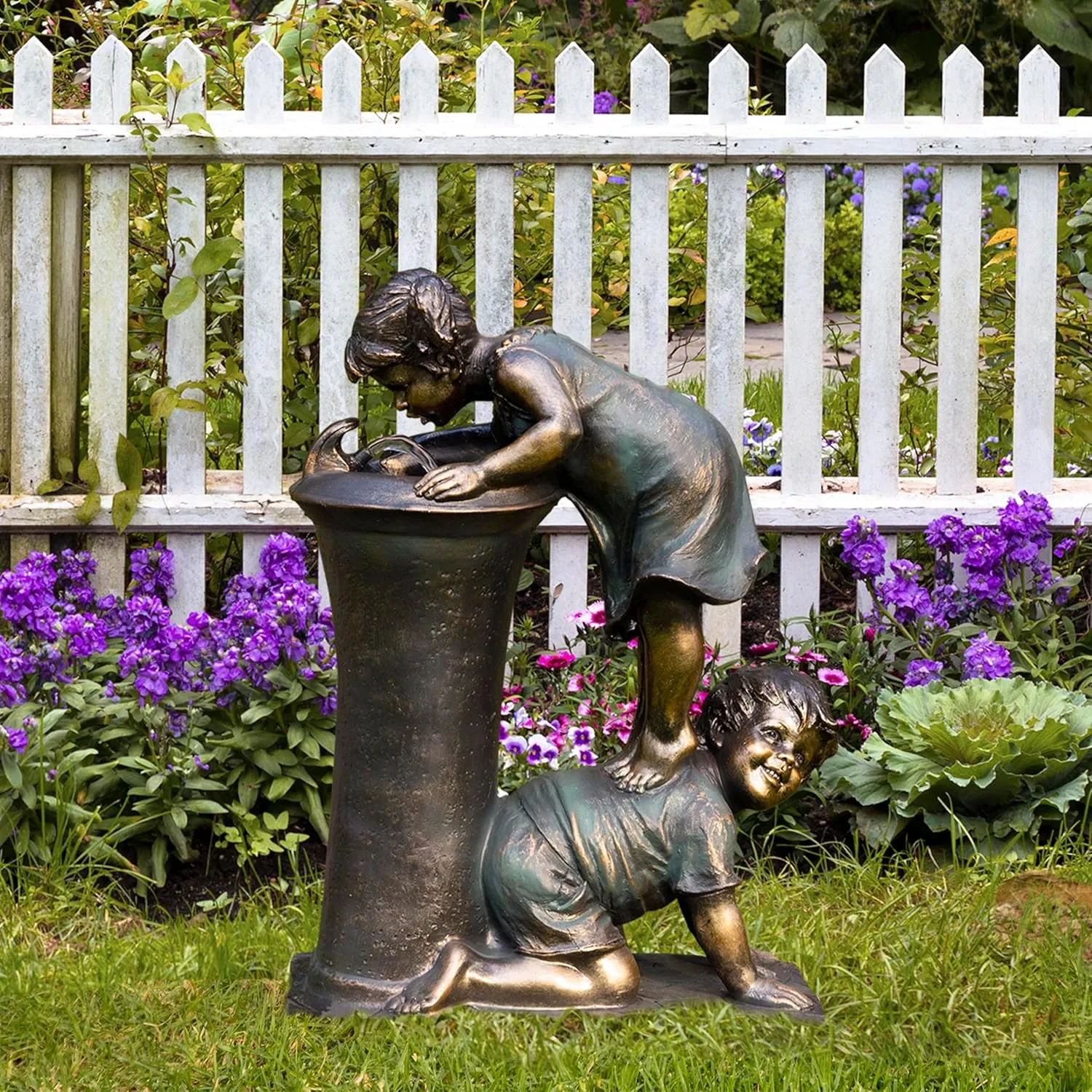 Alpine Corporation GXT472 27" Outdoor Floor Joyful Boy and Girl Drinking Water Fountain, Playful Garden Waterfall with LED Lights – Decorative Water Feature for Patios, Yards, and Gardens, Bronze
