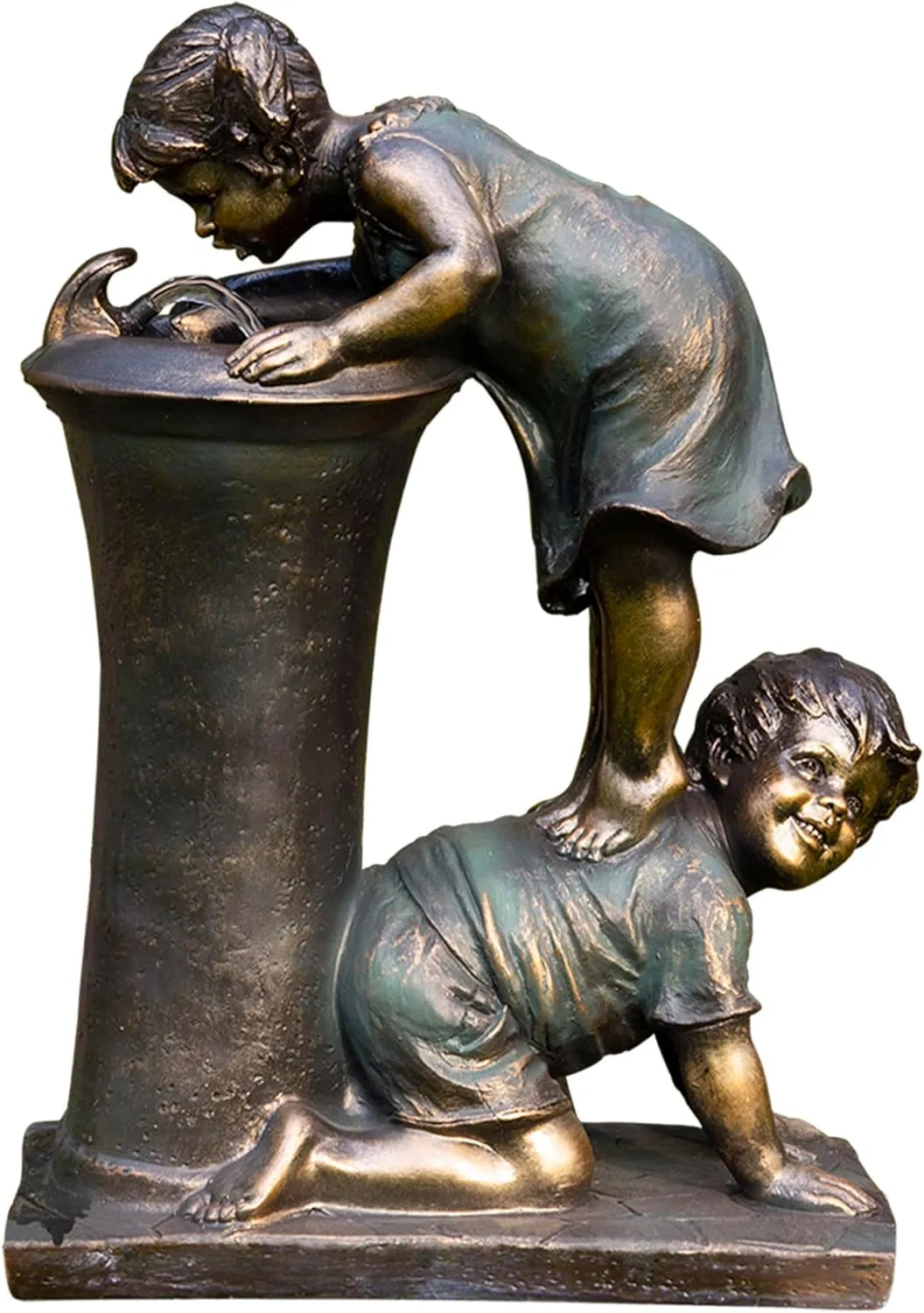 Alpine Corporation GXT472 27" Outdoor Floor Joyful Boy and Girl Drinking Water Fountain, Playful Garden Waterfall with LED Lights – Decorative Water Feature for Patios, Yards, and Gardens, Bronze