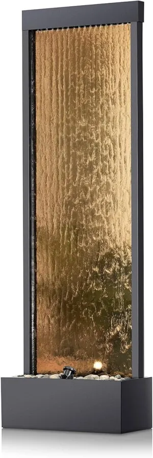 Alpine Corporation - Mirror Waterfall Fountain with Stones & Lights - Zen Indoor/Outdoor Decor for Office, Living Room, Patio, Entryway - 72 Inches - Modern Wall-Mounted Water Feature (Bronze)