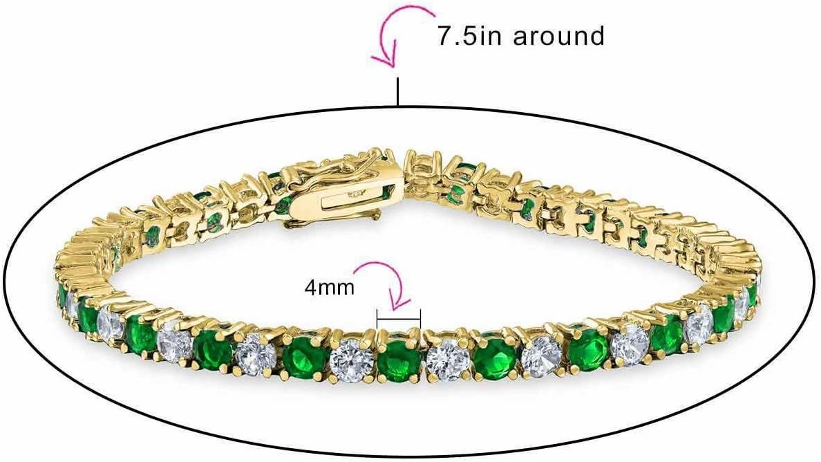Alternating Stones Simulated Round Cubic Zirconia 12.00 CT 4 Prong Basket Set Solitaire AAA CZ Tennis Bracelet For Women Prom Bride 14K Gold Plated Simulated Jewel Color Birthstone 7.5 Inch
