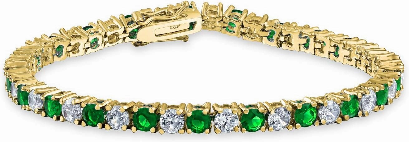Alternating Stones Simulated Round Cubic Zirconia 12.00 CT 4 Prong Basket Set Solitaire AAA CZ Tennis Bracelet For Women Prom Bride 14K Gold Plated Simulated Jewel Color Birthstone 7.5 Inch