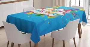 Ambesonne Birthday Tablecloth, Wavy Blue Colored Backdrop with Greeting Text Party Hats Best Wishes, Rectangular Table Cover for Dining Room Kitchen Decor, 60" X 90", Blue Green