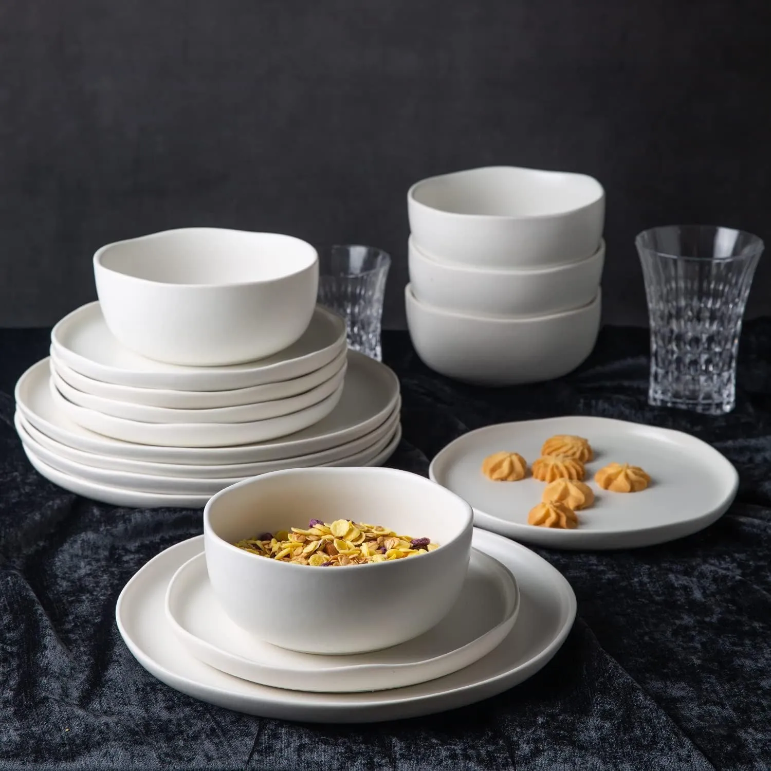 AmorArc Ceramic Dinnerware Sets, Wavy Rim Stoneware Plates and Bowls Sets, Highly Chip and Crack Resistant | Dishwasher & Microwave & Oven Safe Dishes set, Service for 6 (18pc)