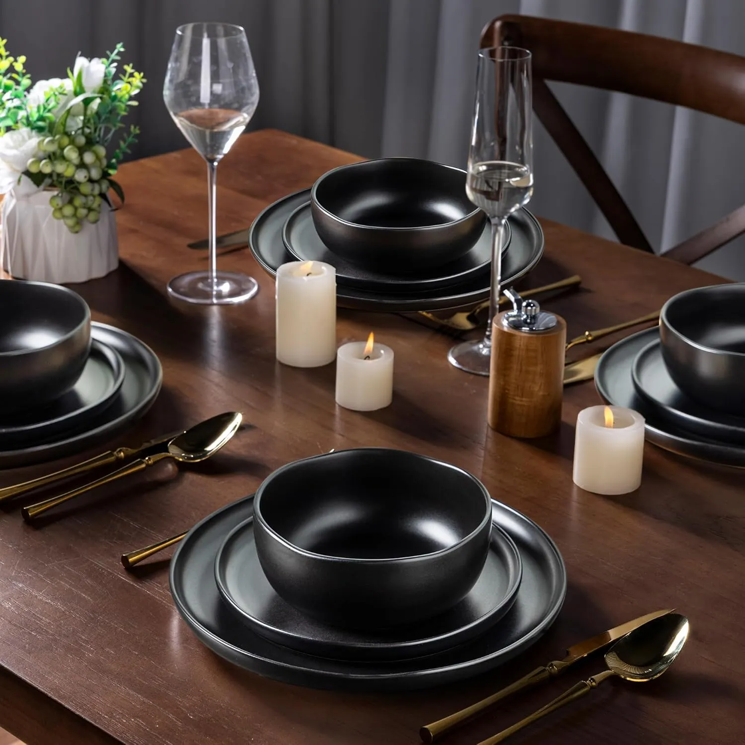 AmorArc Ceramic Dinnerware Sets, Wavy Rim Stoneware Plates and Bowls Sets, Highly Chip and Crack Resistant | Dishwasher & Microwave & Oven Safe Dishes set, Service for 6 (18pc)
