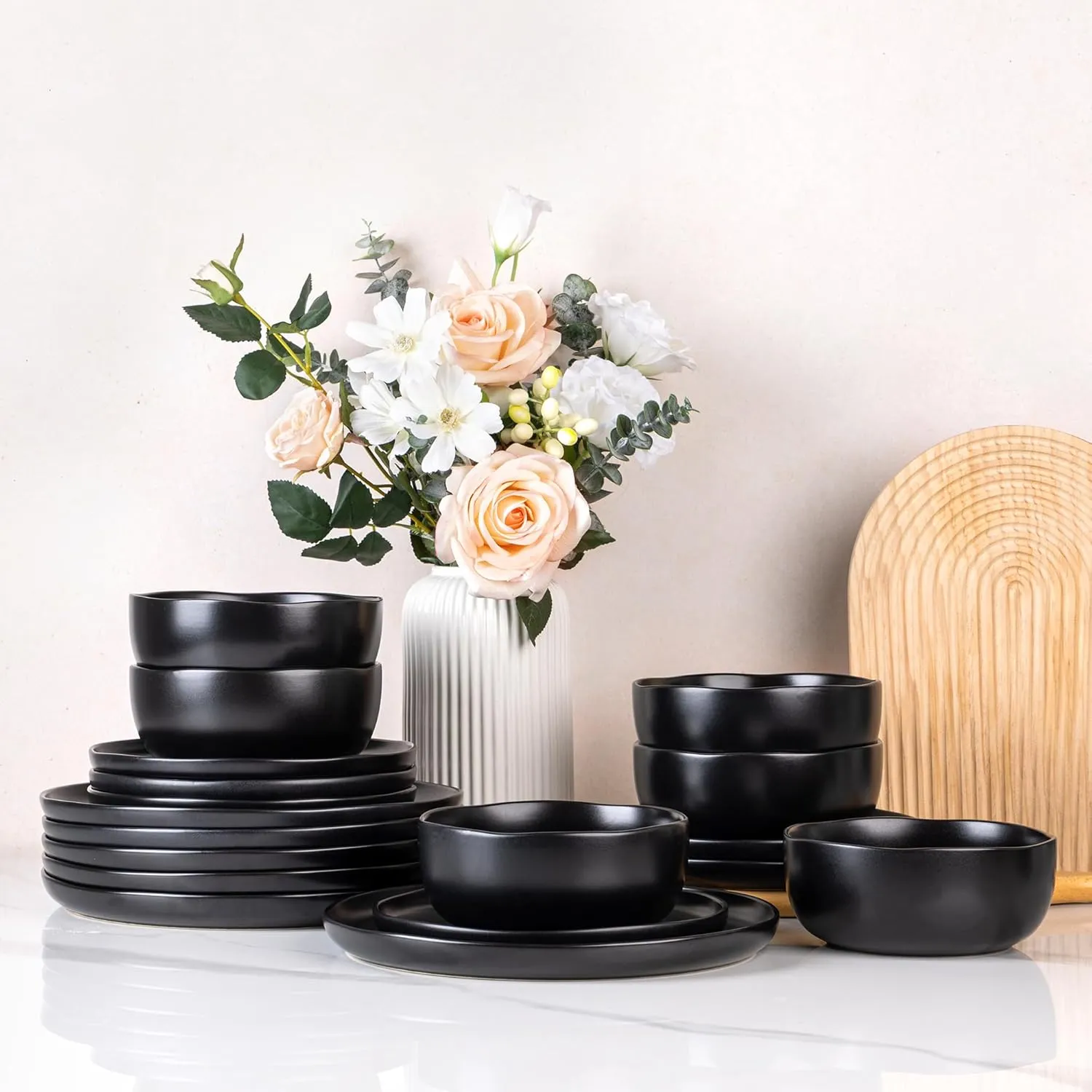AmorArc Ceramic Dinnerware Sets, Wavy Rim Stoneware Plates and Bowls Sets, Highly Chip and Crack Resistant | Dishwasher & Microwave & Oven Safe Dishes set, Service for 6 (18pc)