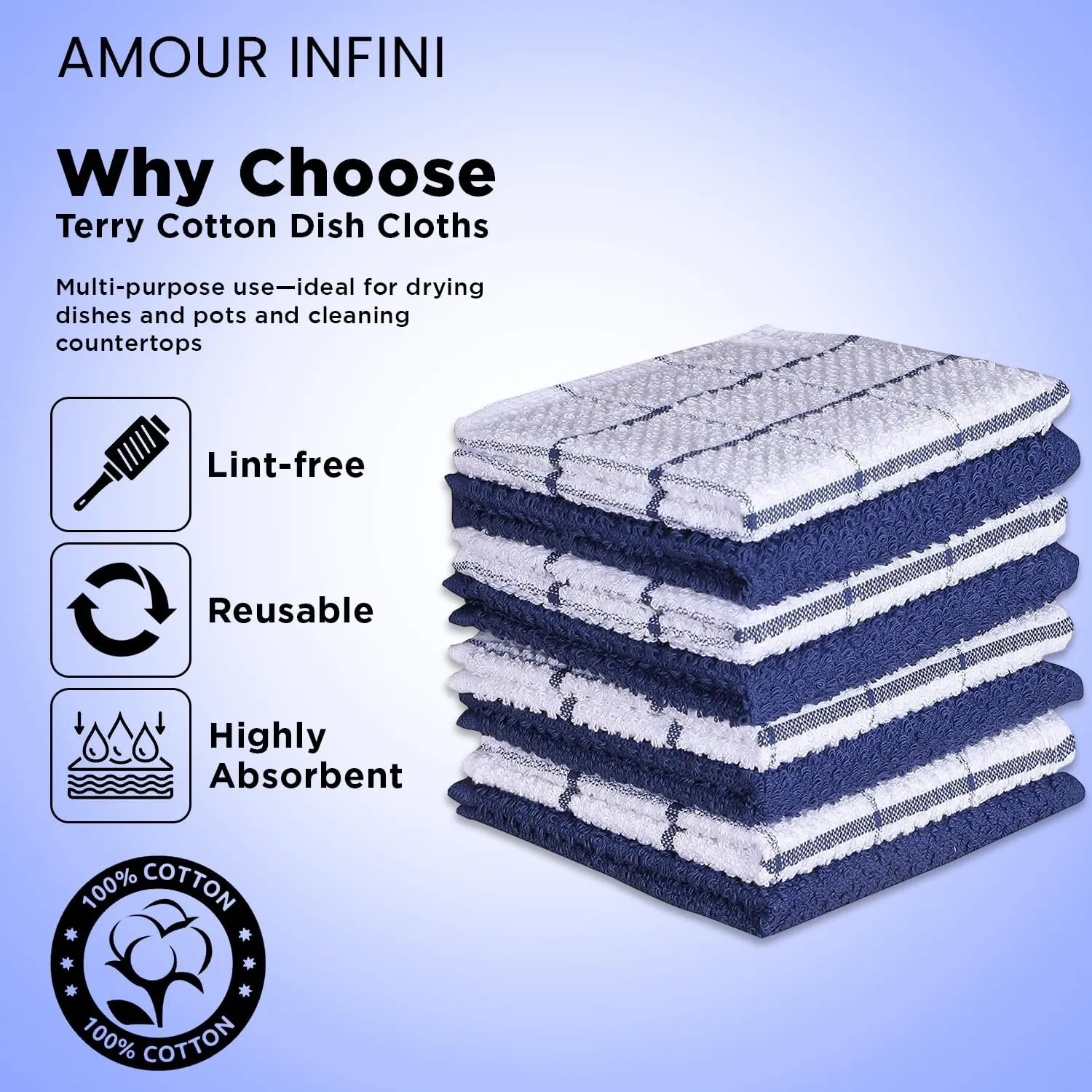AMOUR INFINI Kitchen Dish Cloths Set of 8 – Highly Absorbent, Super Soft Cotton Dish Rags (12"x12" Inch) Wash & Dishcloths for Kitchen & Dishwashing (Blue)