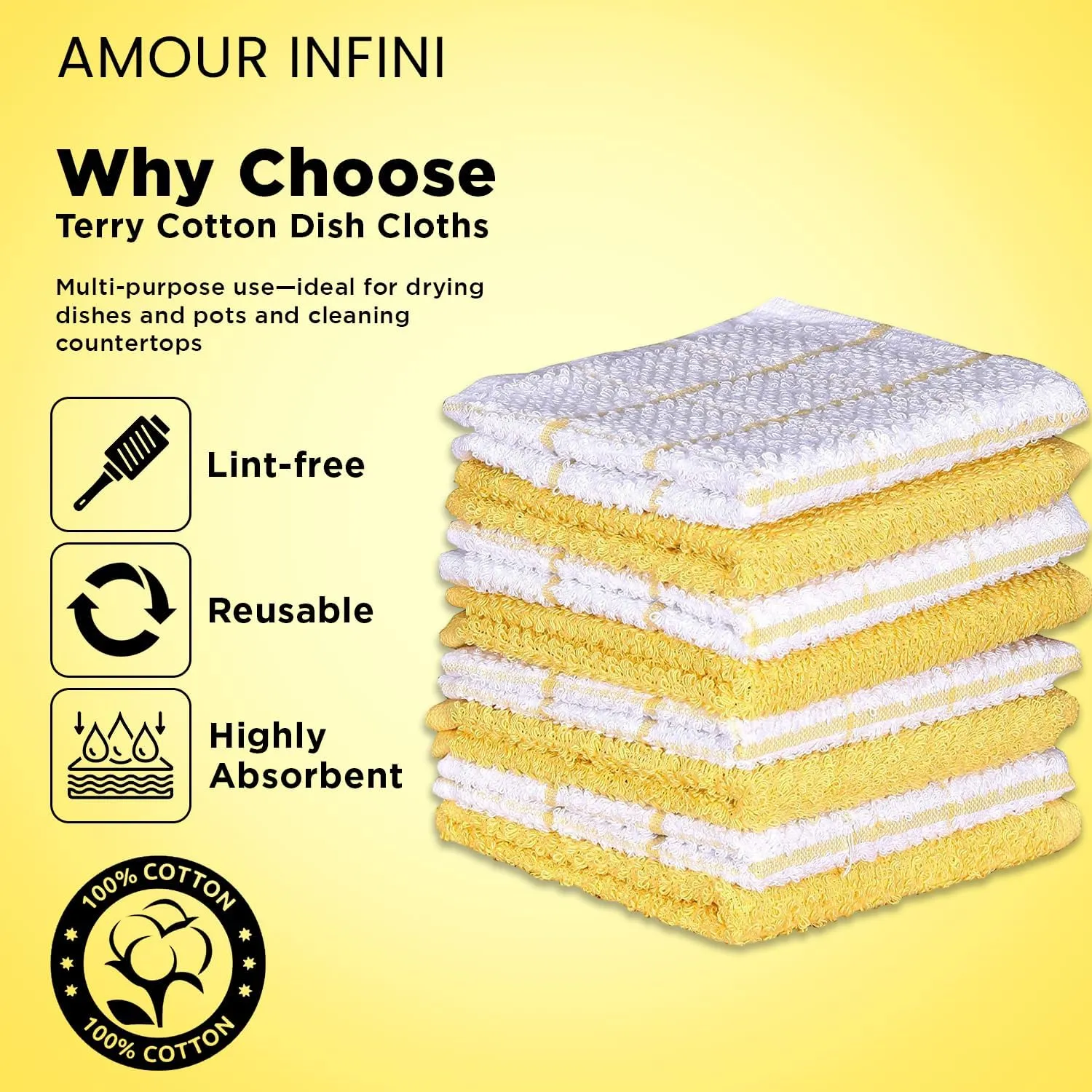 AMOUR INFINI Kitchen Dish Cloths Set of 8 – Highly Absorbent, Super Soft Cotton Dish Rags (12"x12" Inch) Wash & Dishcloths for Kitchen & Dishwashing (Yellow)