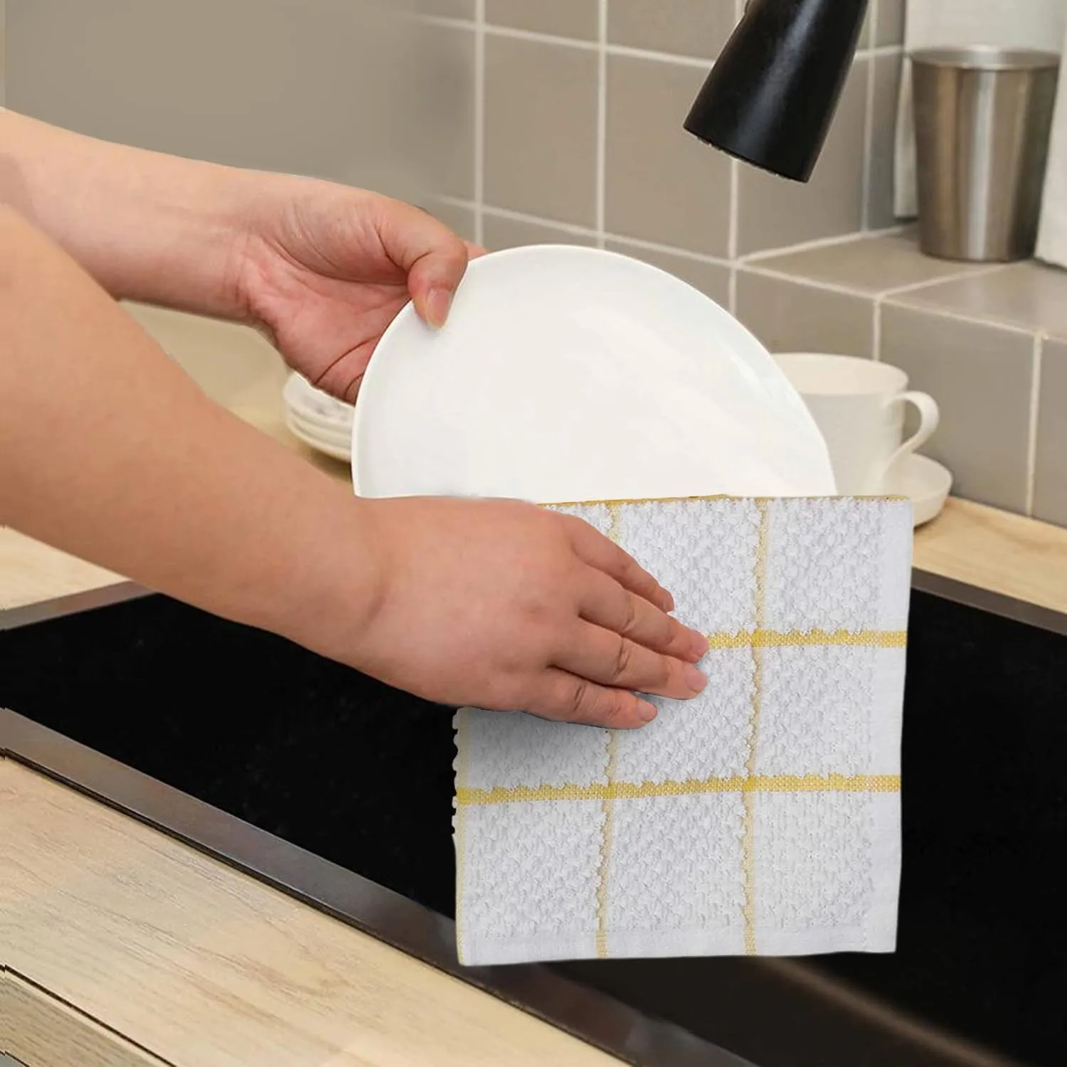 AMOUR INFINI Kitchen Dish Cloths Set of 8 – Highly Absorbent, Super Soft Cotton Dish Rags (12"x12" Inch) Wash & Dishcloths for Kitchen & Dishwashing (Yellow)