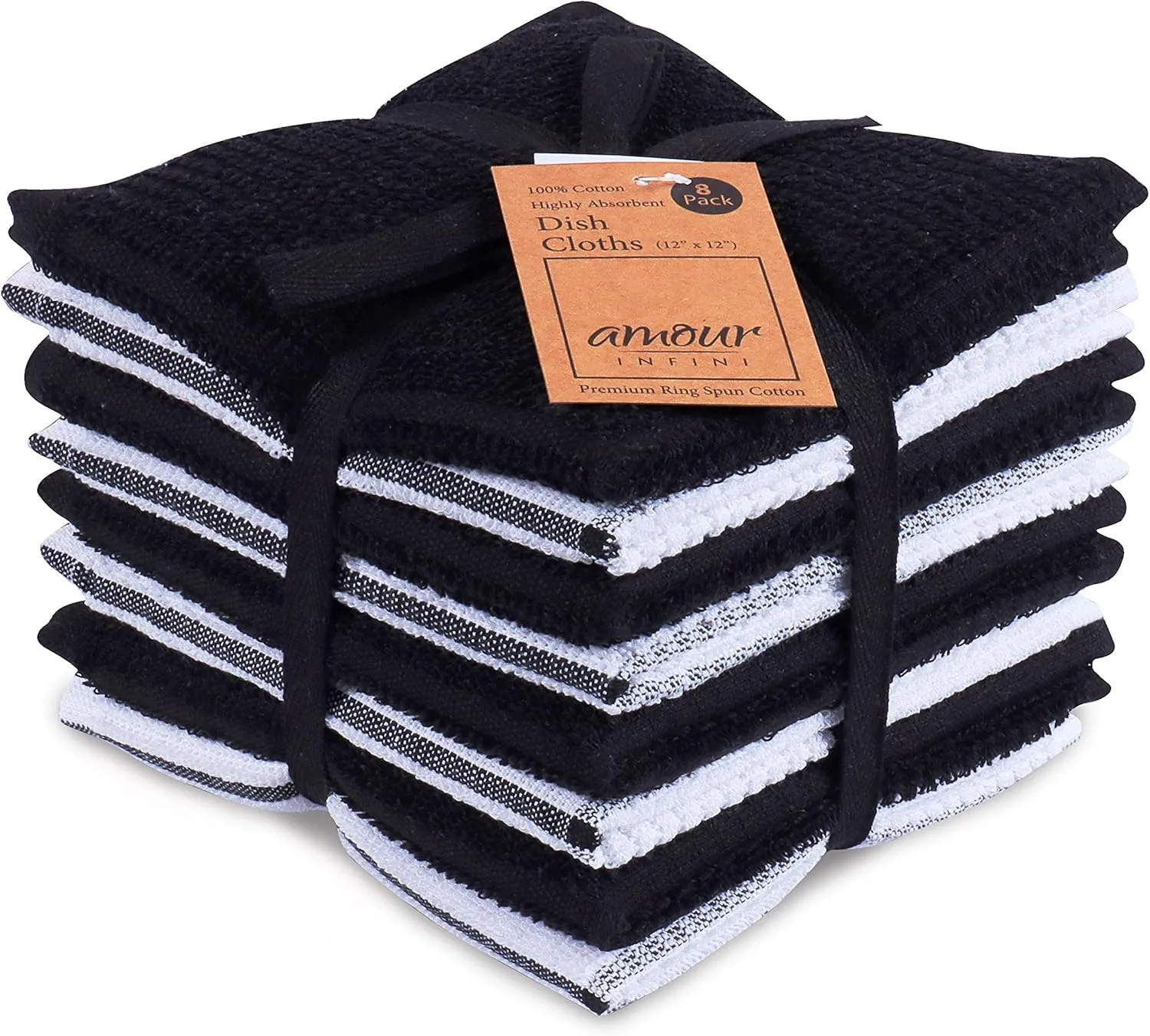 AMOUR INFINI Terry Dish Cloths Set of 8 Highly Absorbent, Super Soft Kitchen Dishcloths Reusable Quick Dry Dish Rags for Cleaning & Drying Dishes (12x12 Inch - Black)