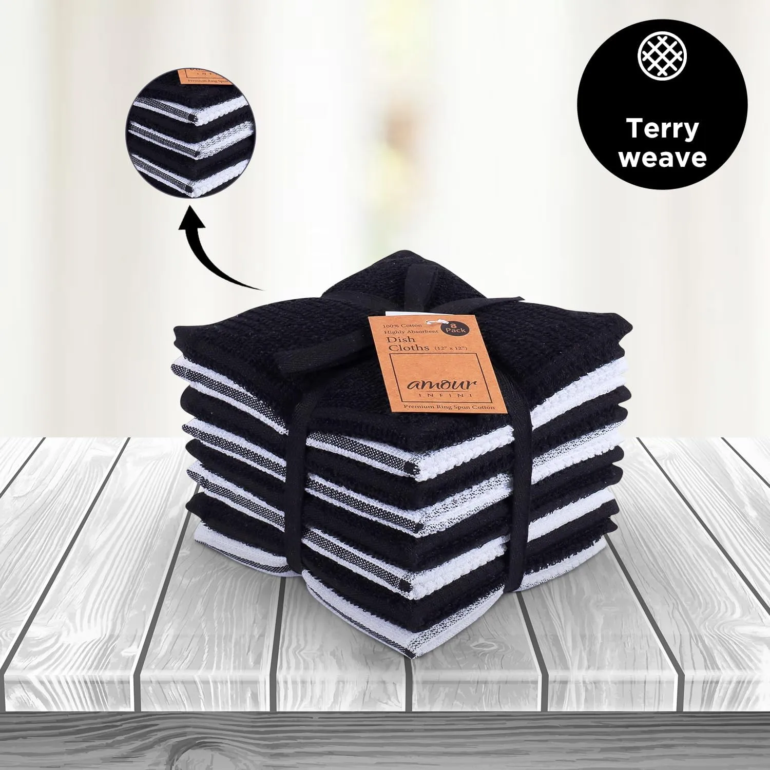 AMOUR INFINI Terry Dish Cloths Set of 8 Highly Absorbent, Super Soft Kitchen Dishcloths Reusable Quick Dry Dish Rags for Cleaning & Drying Dishes (12x12 Inch - Black)