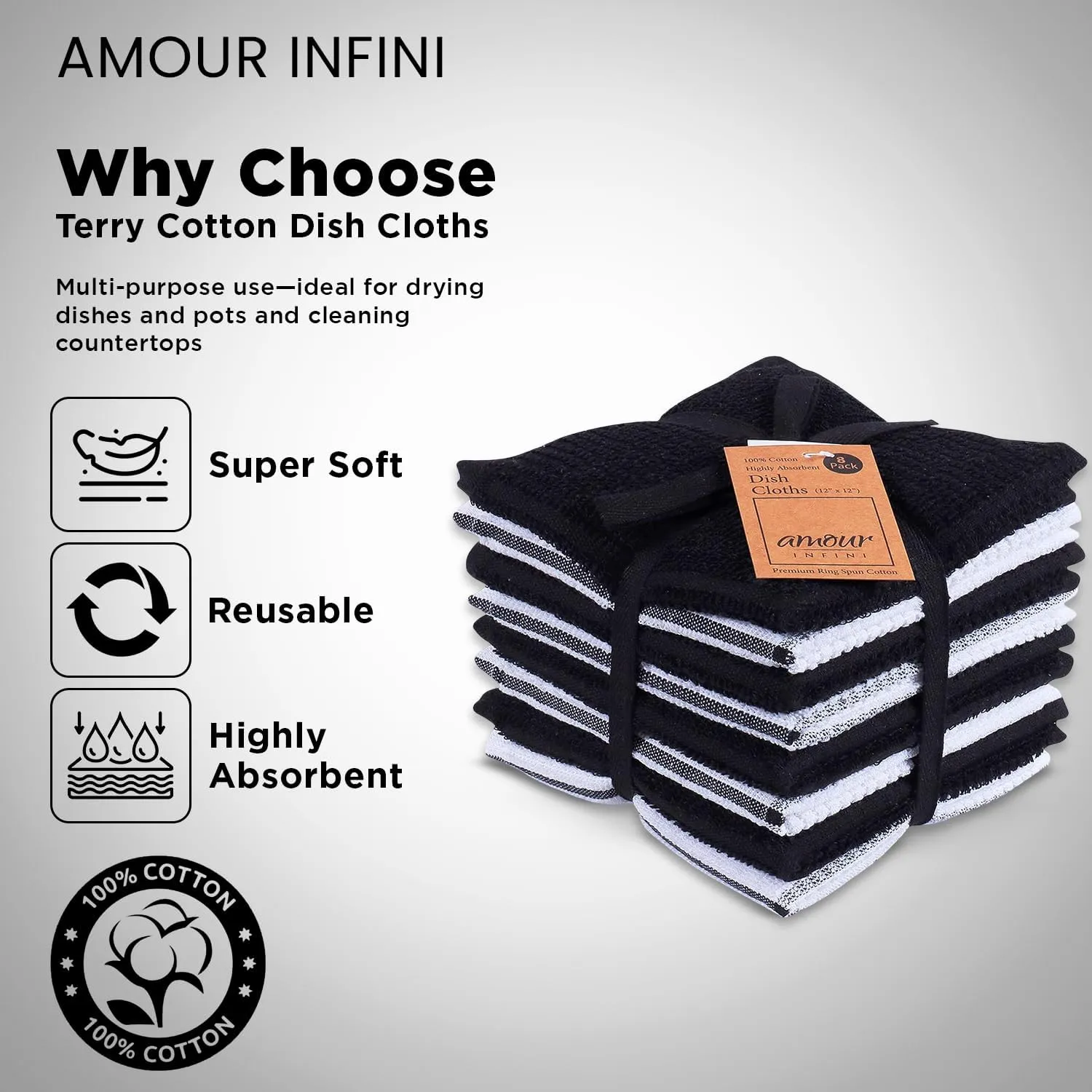 AMOUR INFINI Terry Dish Cloths Set of 8 Highly Absorbent, Super Soft Kitchen Dishcloths Reusable Quick Dry Dish Rags for Cleaning & Drying Dishes (12x12 Inch - Black)