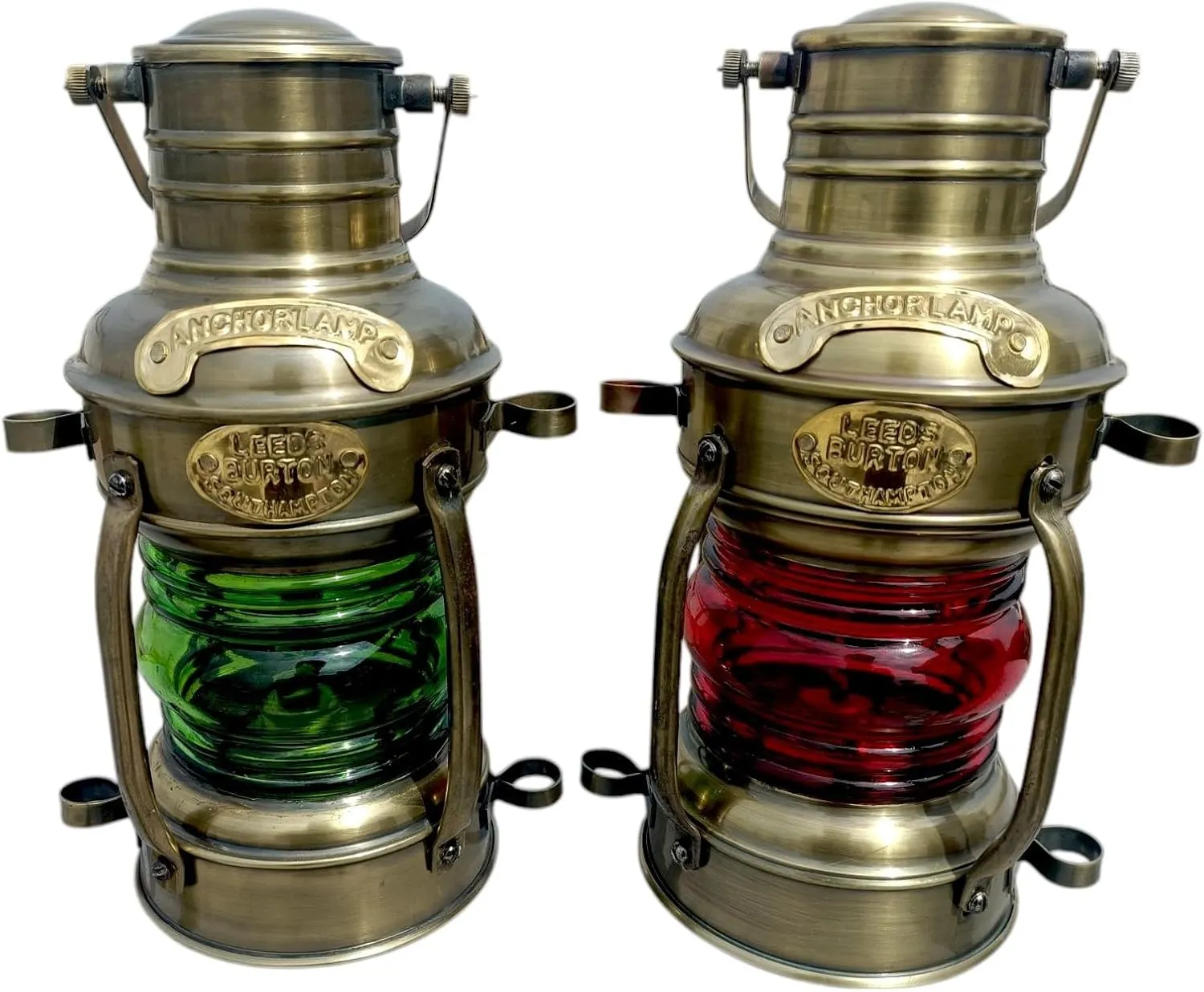 Anchor Lamp Nautical Ship Lantern, Brass Finish, Port and Starboard Colored Glass, Set of 2